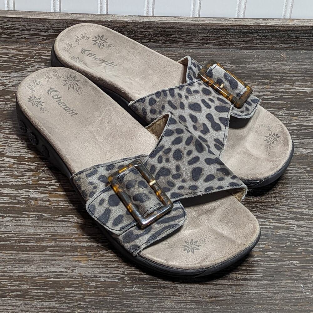 Therafit Women's Leopard Print Slip On Comfort Adjustable Sandal Size 9.5-10